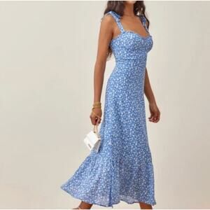 Reformation Nikita Midi Dress Size 12 Blue Floral Bodice Smocked Lined Ruffle